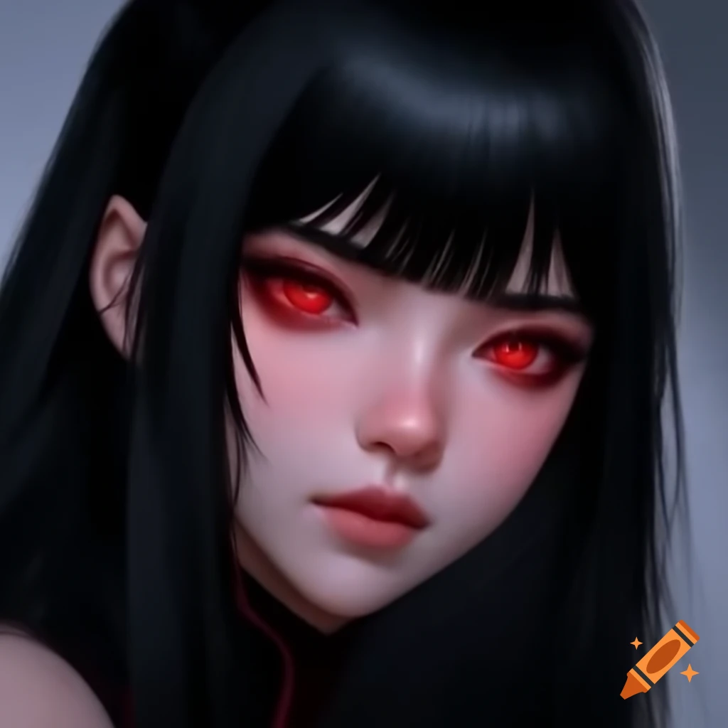 Woman with black hair and striking red eyes on Craiyon