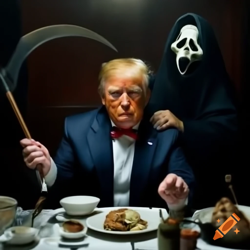 Formal dinner at Mar-A-Lago featuring Donald Trump and a cloaked figure ...