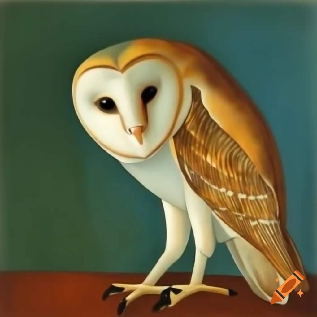 Full body view of barn owl painting in Picasso's blue period style