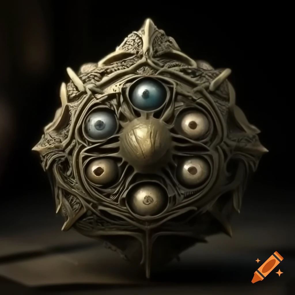 Mystical amulet with six carved eyes radiating an eerie gaze