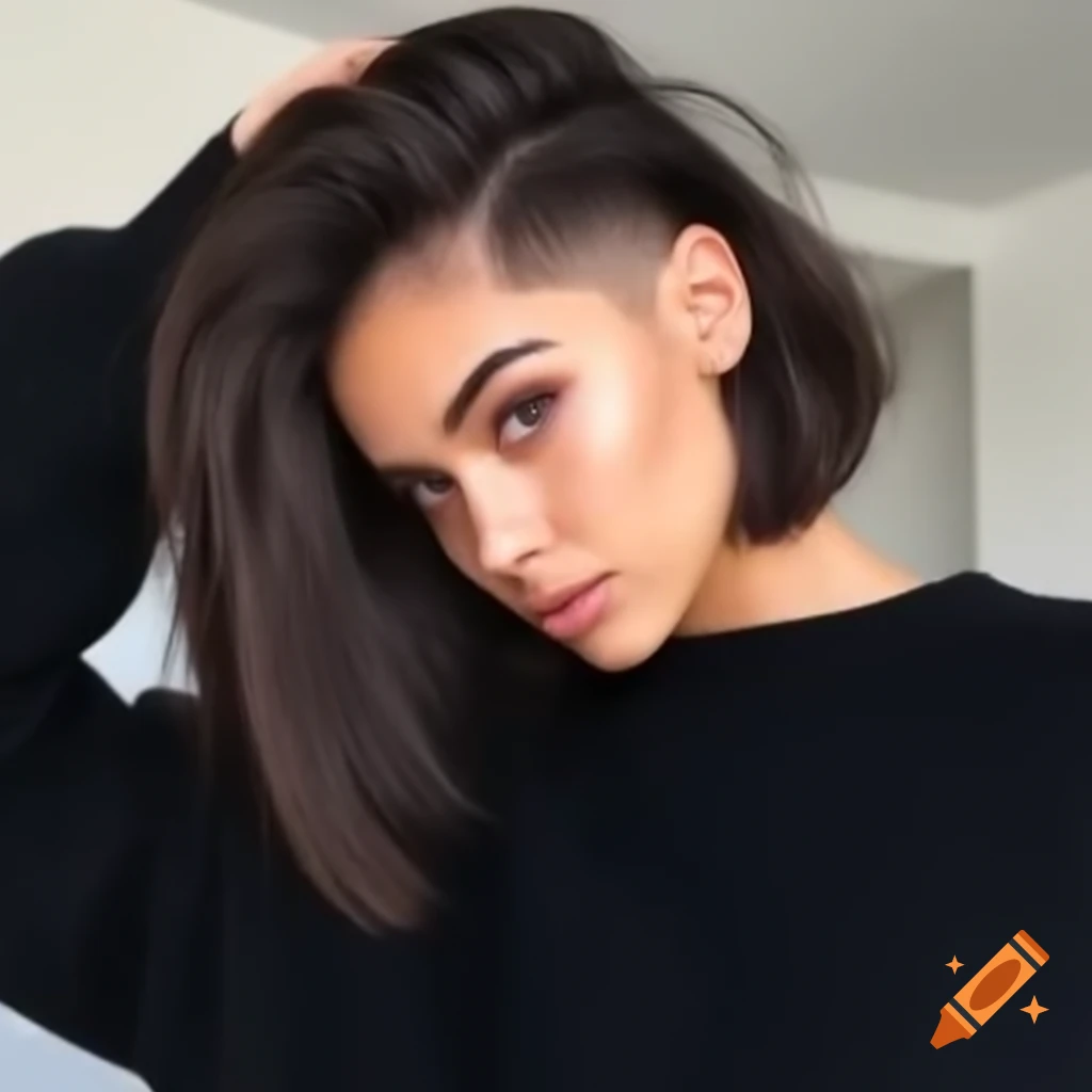 Young woman with dramatic undercut bob and thick dark brown hair