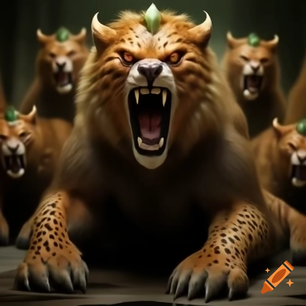 Mythical beast with leopard body, bear feet, lion mouth, seven heads, ten horns, and crowns