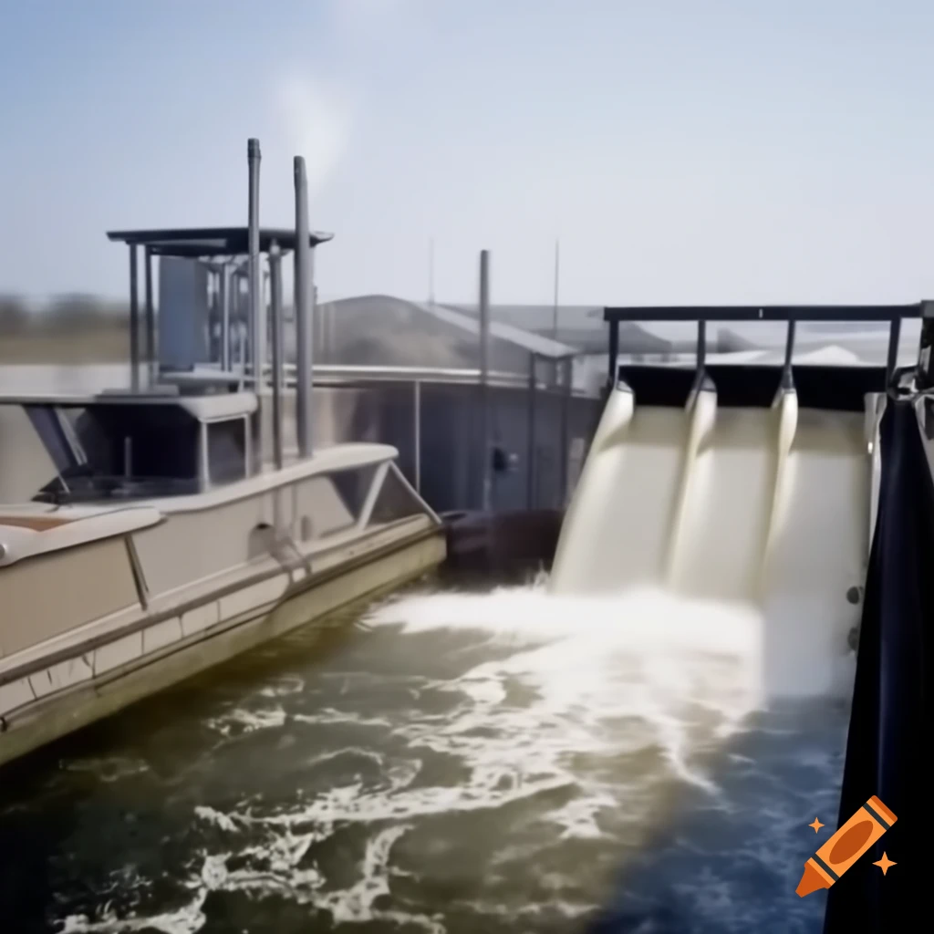 Outdoor channel pump station by a wide canal, with water intake and metal screens