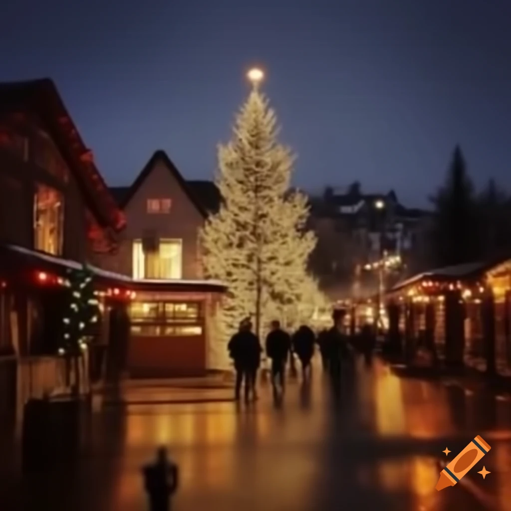 Charming winter town decorated for Christmas with warm white lights