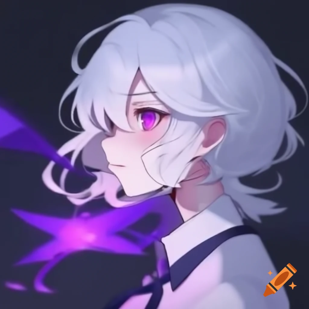 Side profile of character with white hair and large purple eyes on Craiyon