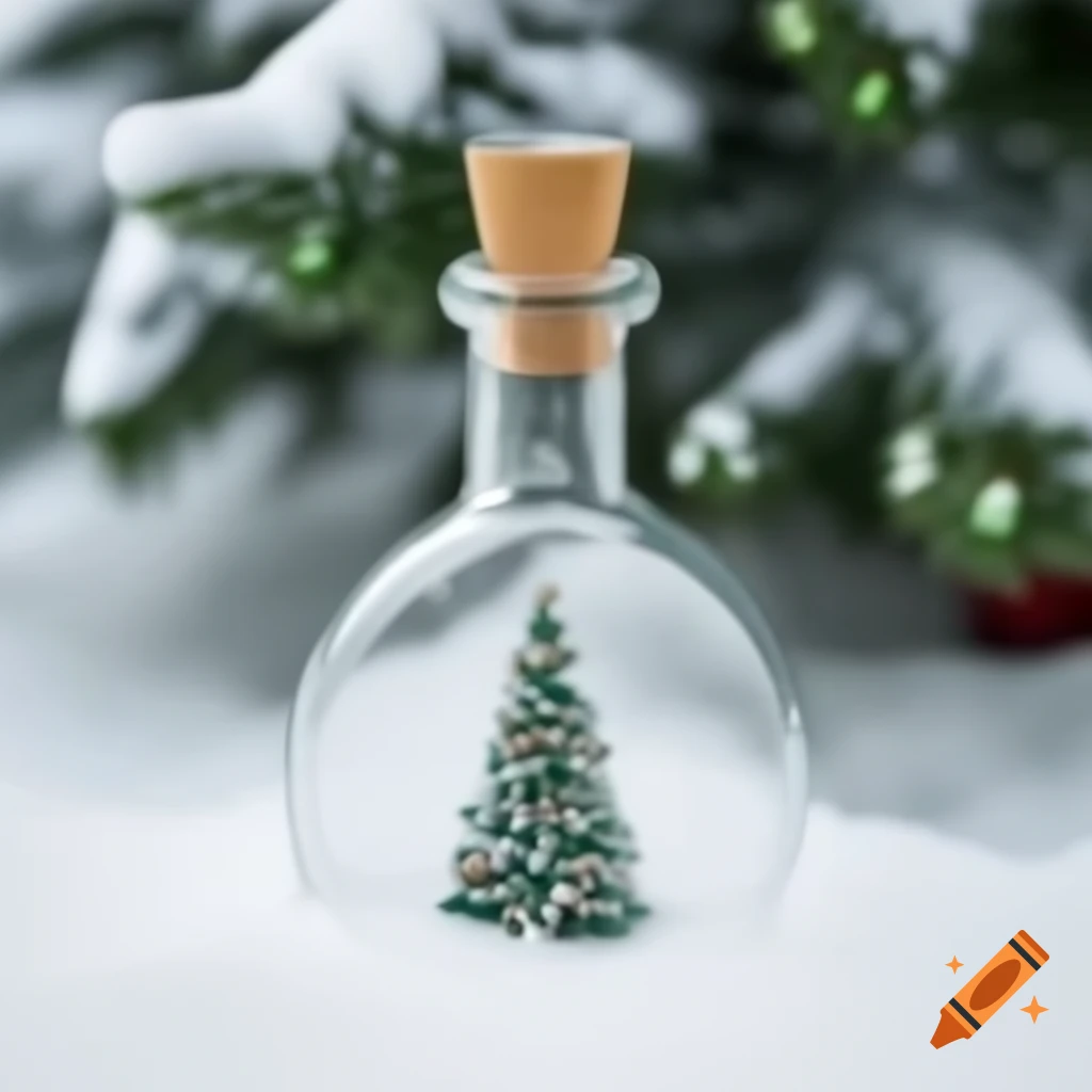 Scientific round flask containing a Christmas tree in snowy setting