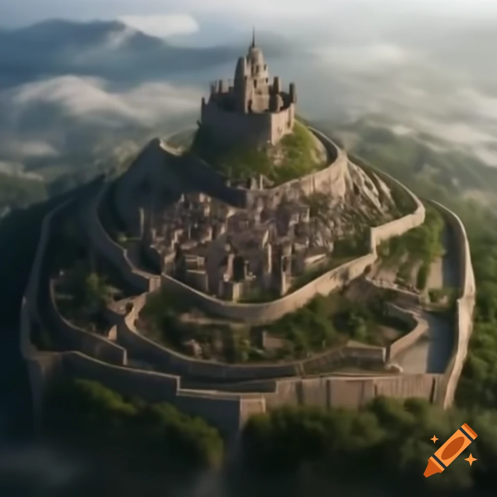 Small mountain rising within medieval city walls on Craiyon