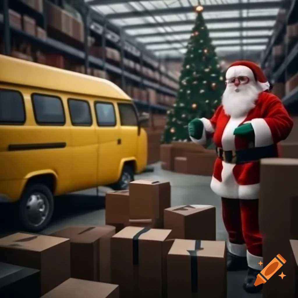 Santa Claus packing parcels in record store with Christmas tree and delivery van