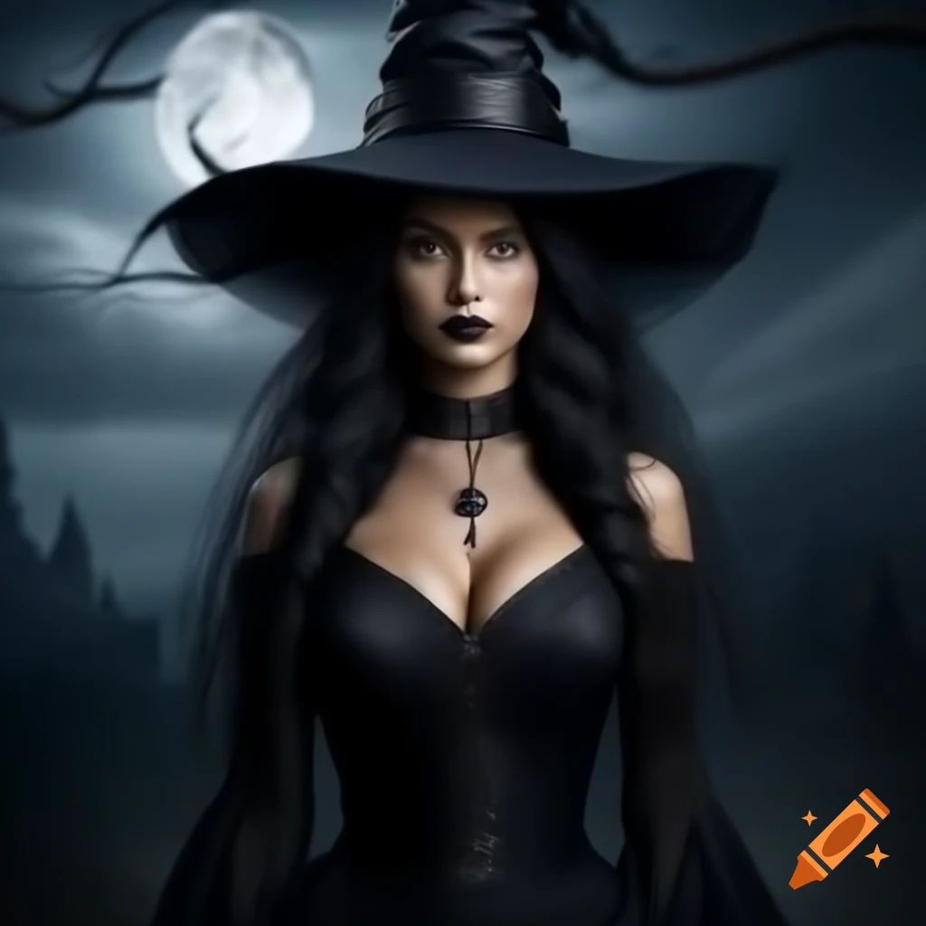 Witch in long black dress and hat with long black hair near a castle under the moon