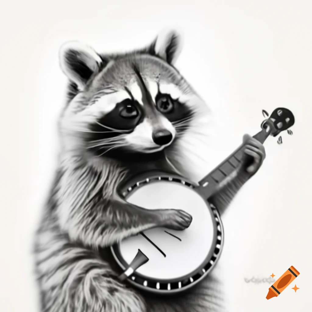 Pencil drawing of raccoon playing banjo and wearing glasses on white background