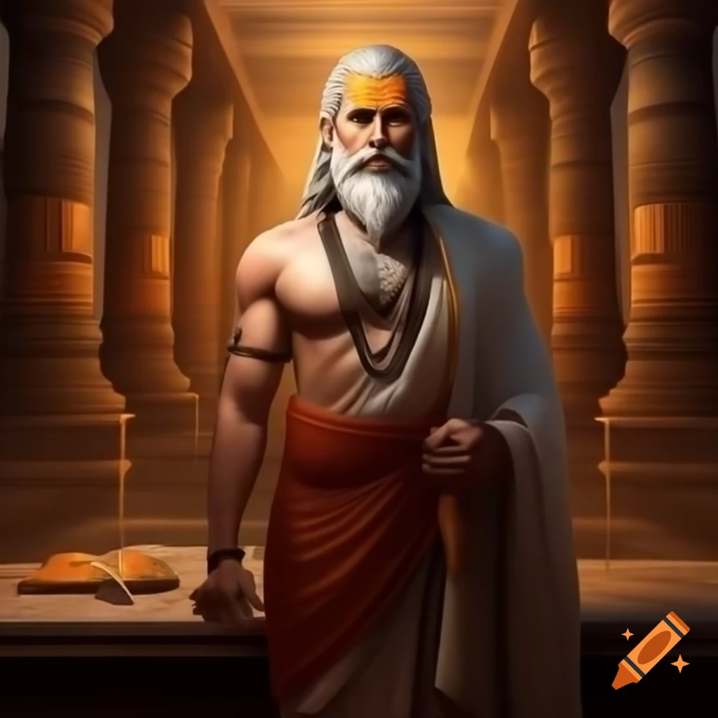 Chanakya in ancient Indian royal court holding Arthashastra manuscript ...