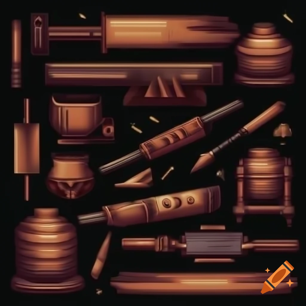 Oriental blacksmith pixel art props with no background
