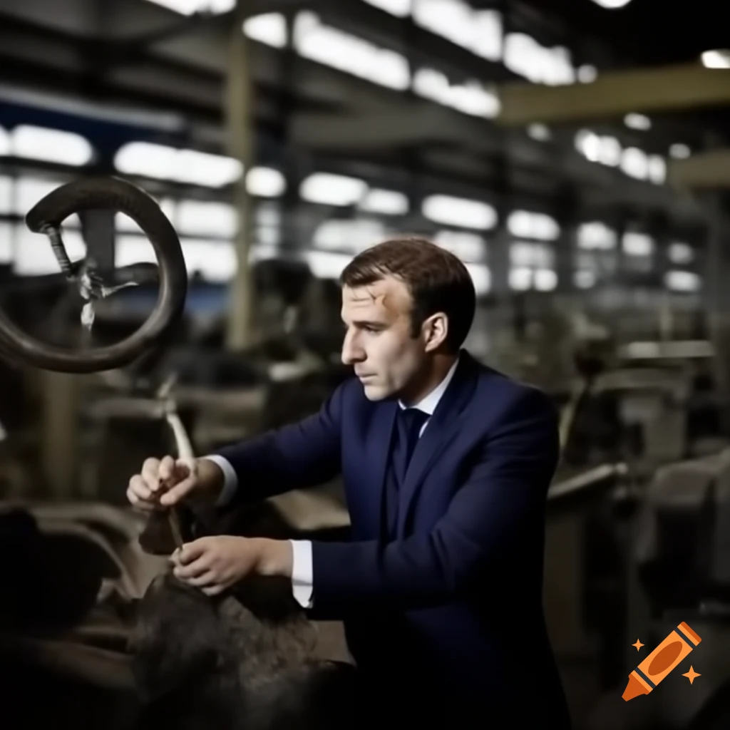 Emmanuel Macron engaged in factory work