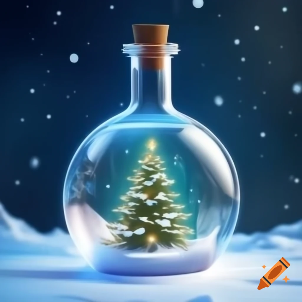 Scientific flask containing a Christmas tree in snowy environment