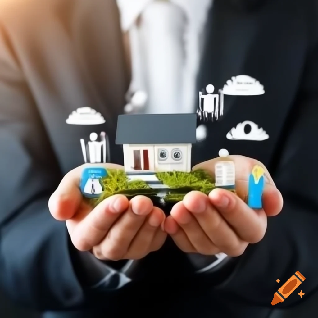 Hands holding miniature house, car, and family figures representing insurance and protection