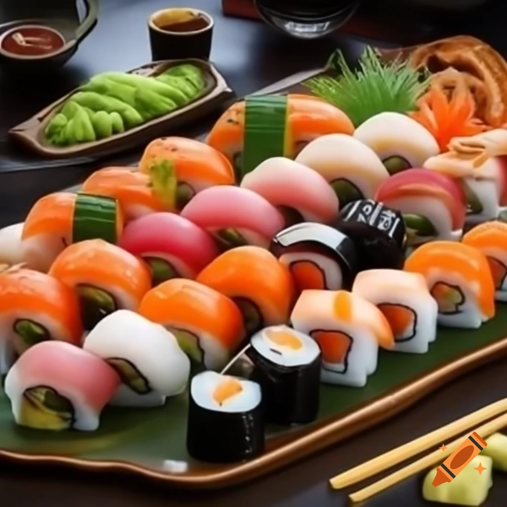 Sushi with sea bass, rice, and decorated with herbs and sauces