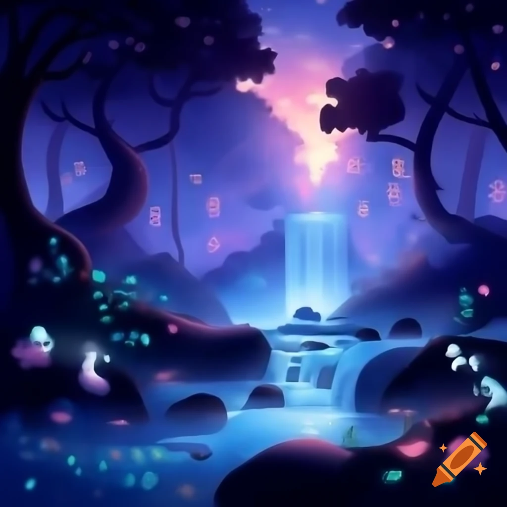 Mystical forest at twilight with glowing trees, waterfall, unicorns ...
