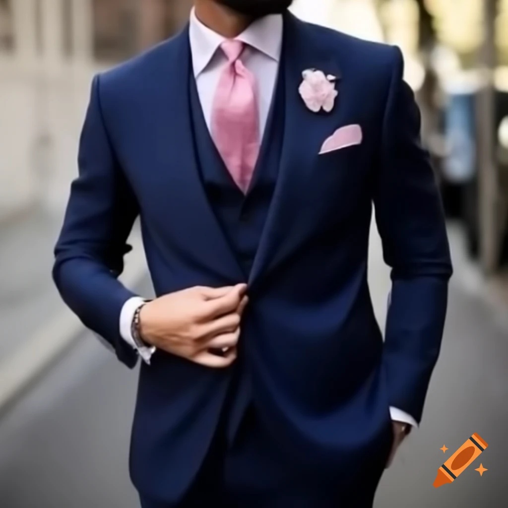 Navy blue suit with pink tie, vest, and handkerchief on Craiyon
