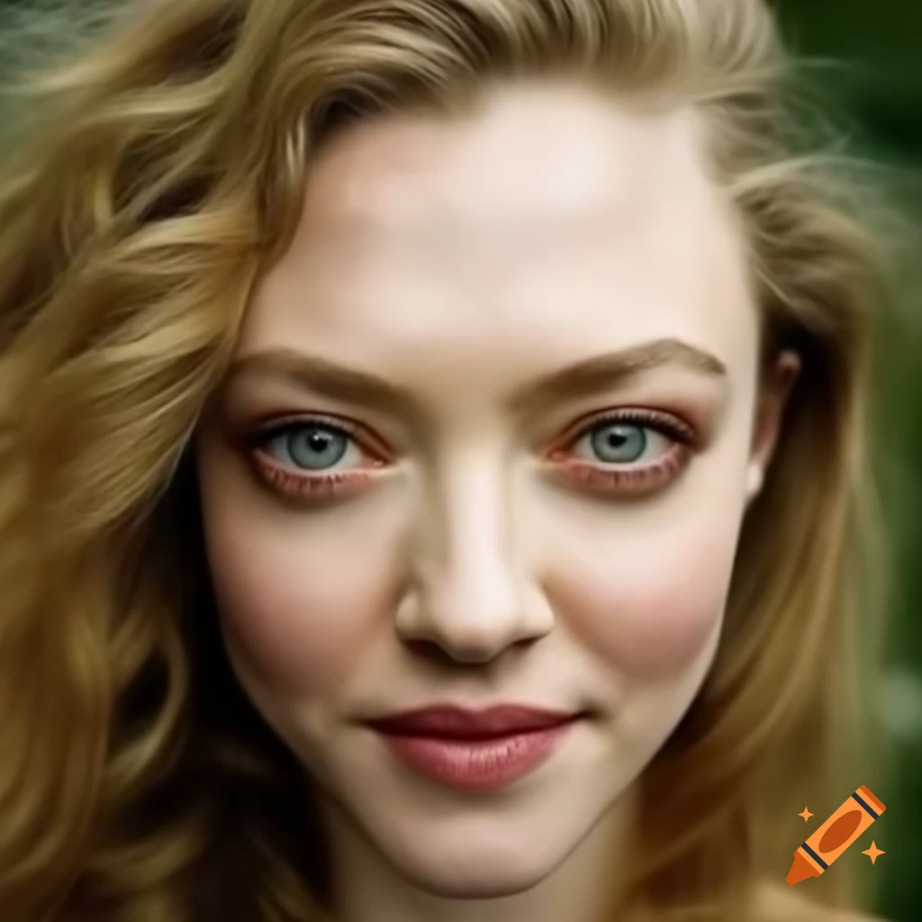 Amanda Seyfried smiling with curly blonde hair and green eyes in natural setting