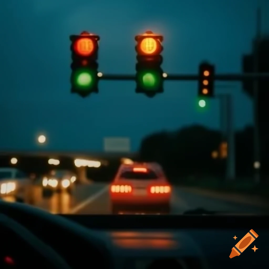 Intersection with two roads, four traffic lights, and cars