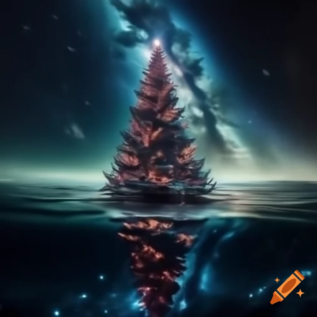 Surreal Christmas tree floating in the Milky Way galaxy