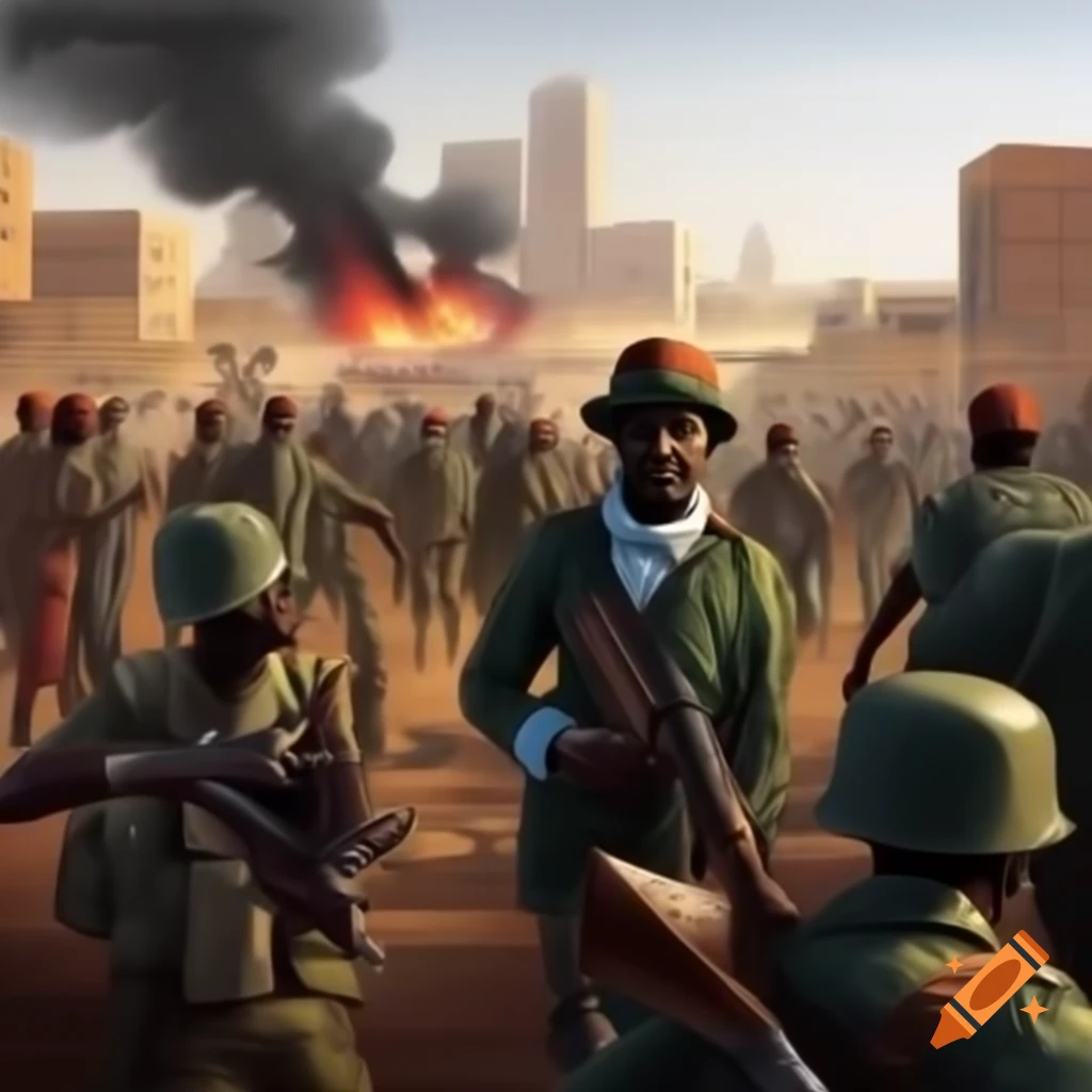 Detailed illustration of modern civil conflict in Sudan with military factions and soldiers in various uniforms