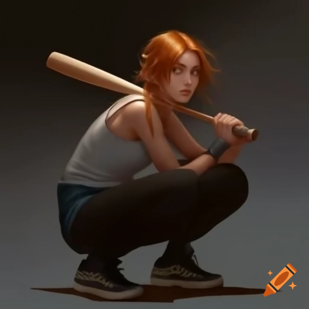 Tomboy girl with baseball bat, ginger braids, and freckles in digital art