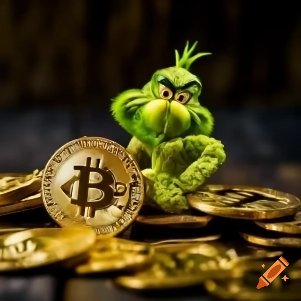 Grinch-themed bitcoins, playful and festive on Craiyon