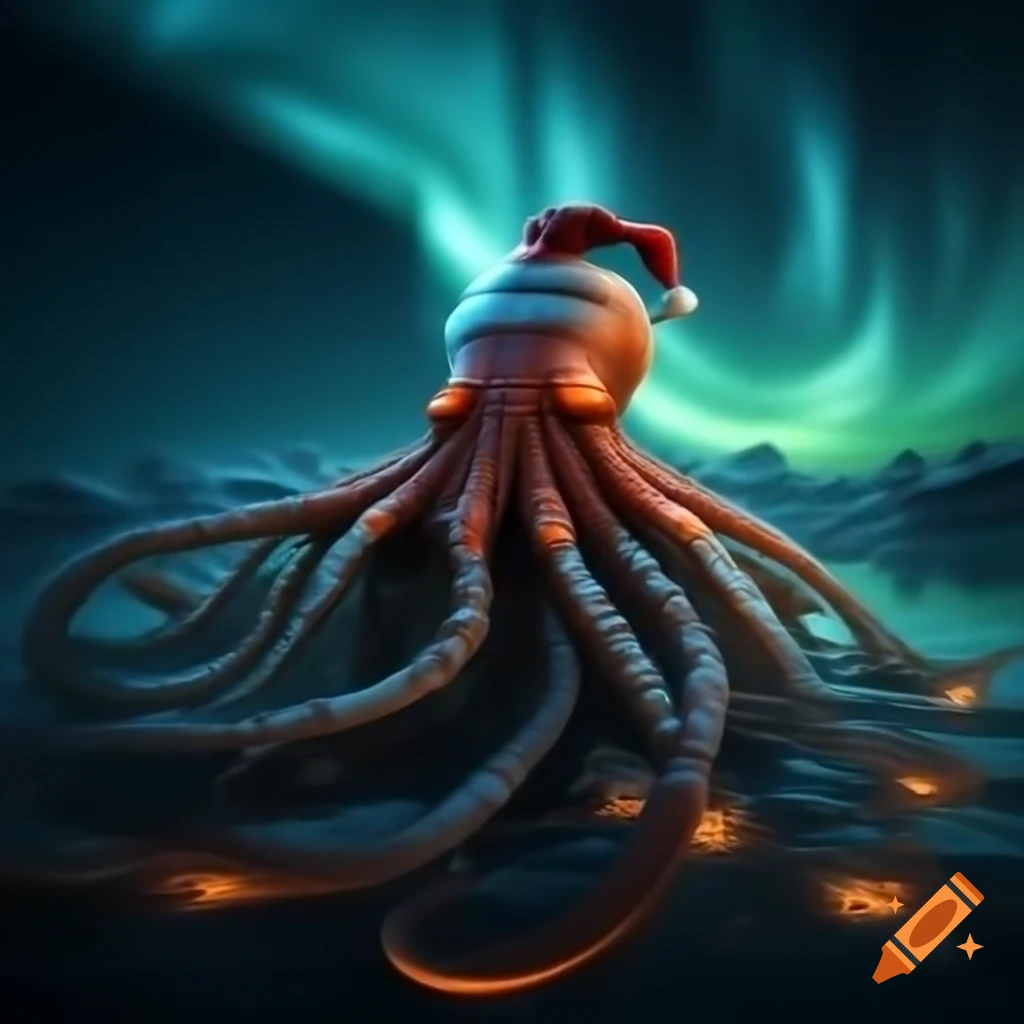 Santa's sleigh pulled by bioluminescent squid under aurora in dark waters