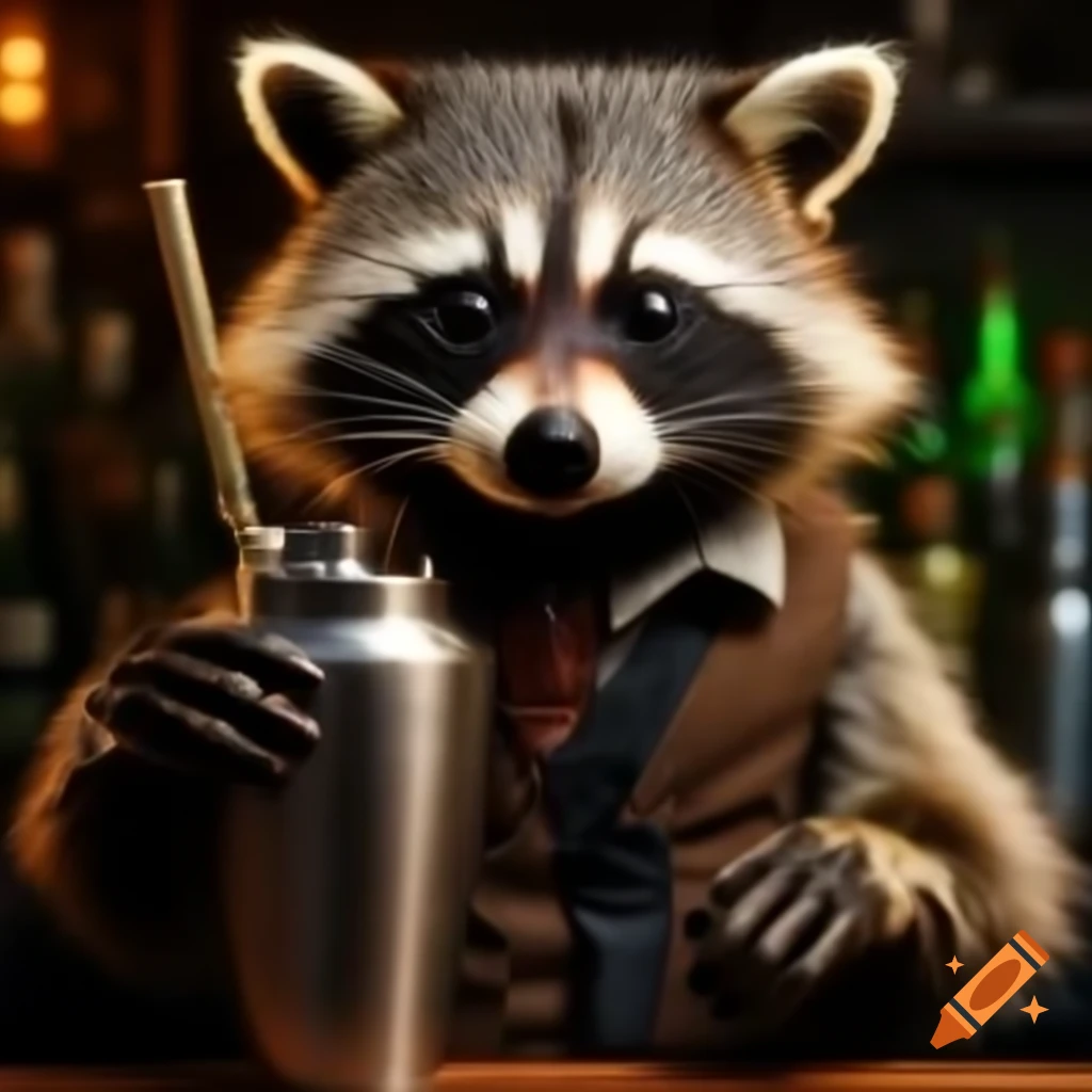 Mischievous raccoon shaking cocktail shaker at speakeasy bar on Craiyon