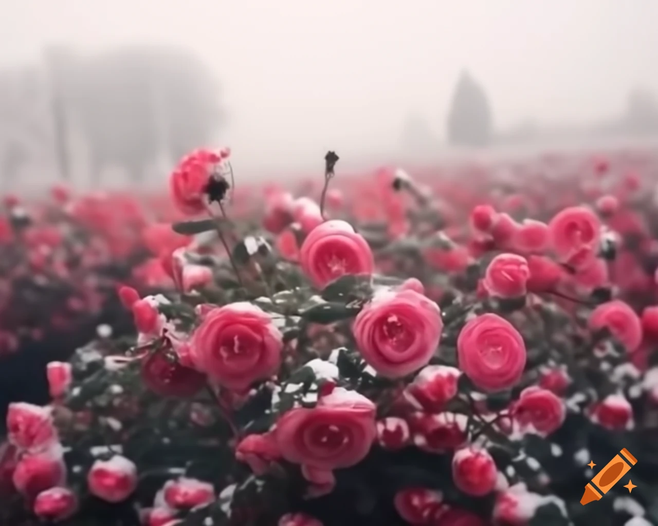Field of rose flowers blanketed in snow
