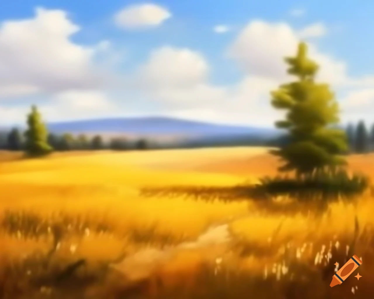 Oil painting of a fall meadow with a single tree
