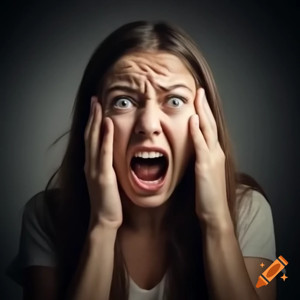 Screaming woman with scared expression holding her face