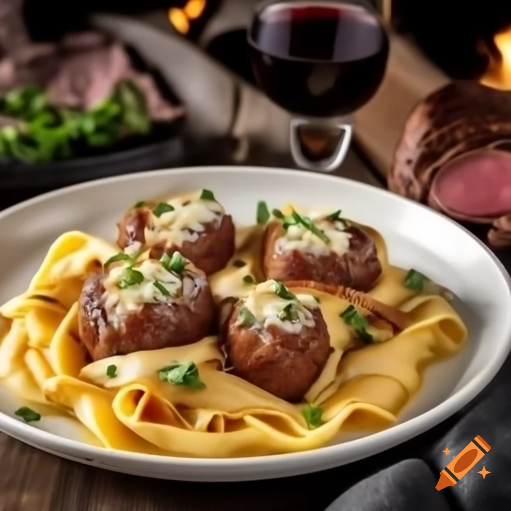 Garlic butter steak bites with creamy cheesy rigatoni on white dish