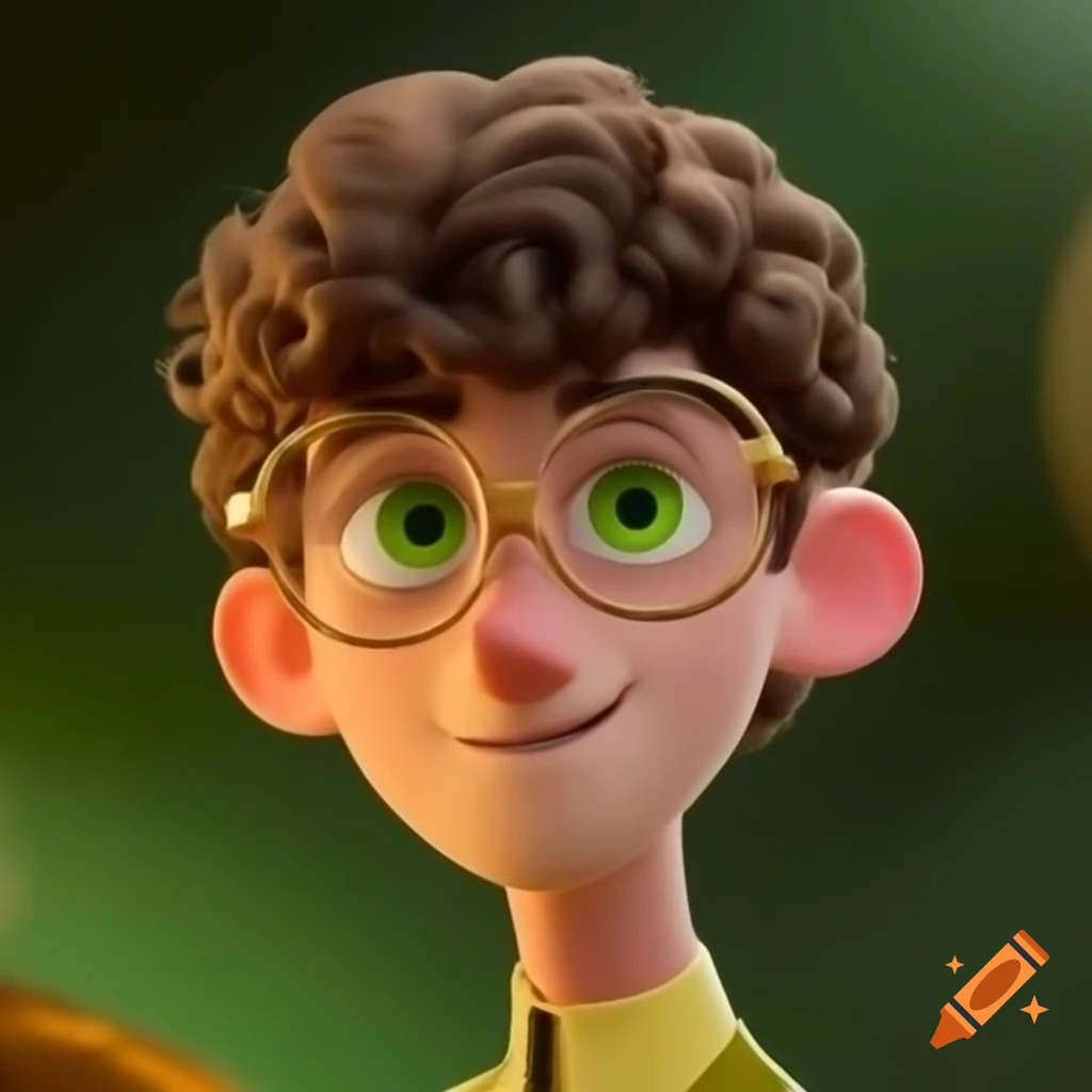 Quirky male character with short curly hair and gold glasses, inspired by Disney Pixar