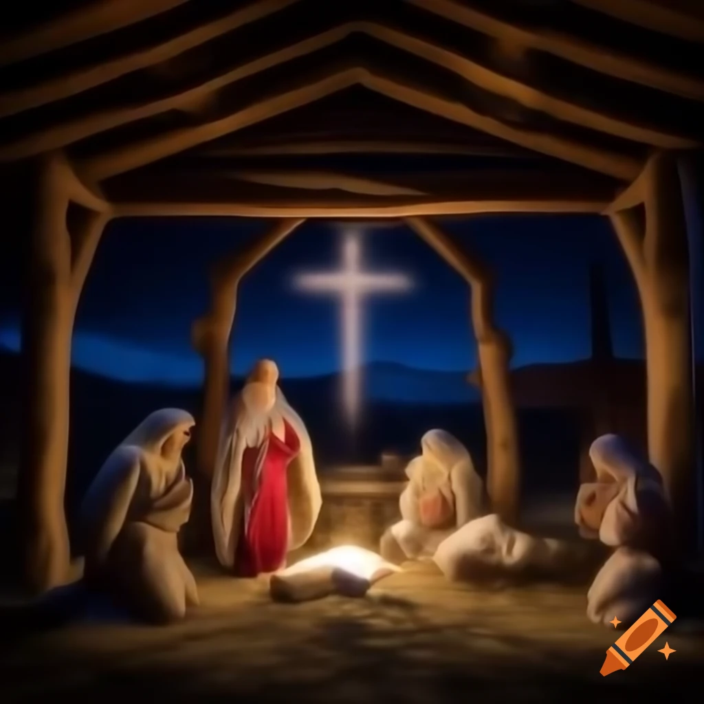 Christmas nativity scene in rustic stable under starry night sky with ...