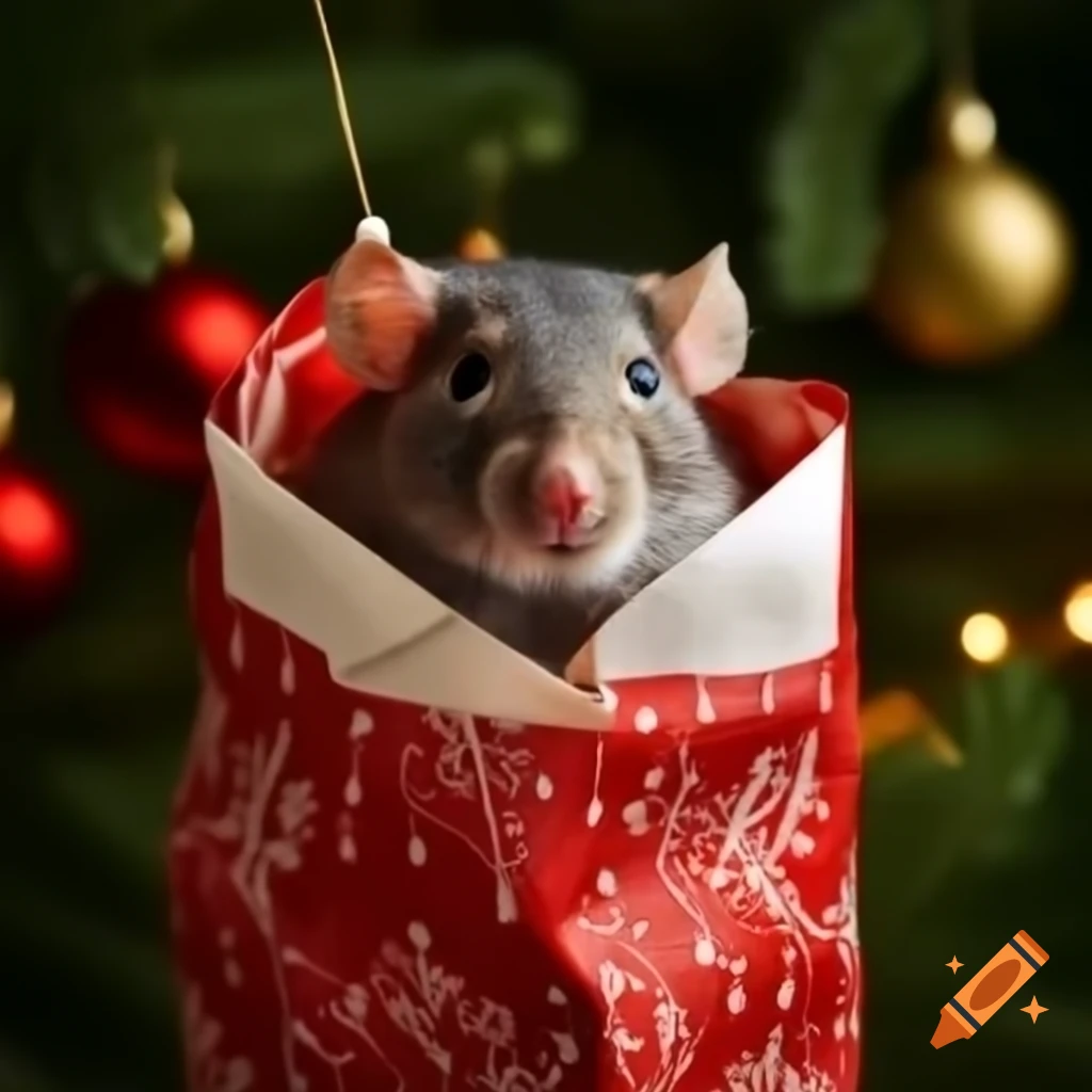 Rat Waping Rat wrapped in colorful Christmas wrapping paper on Craiyon