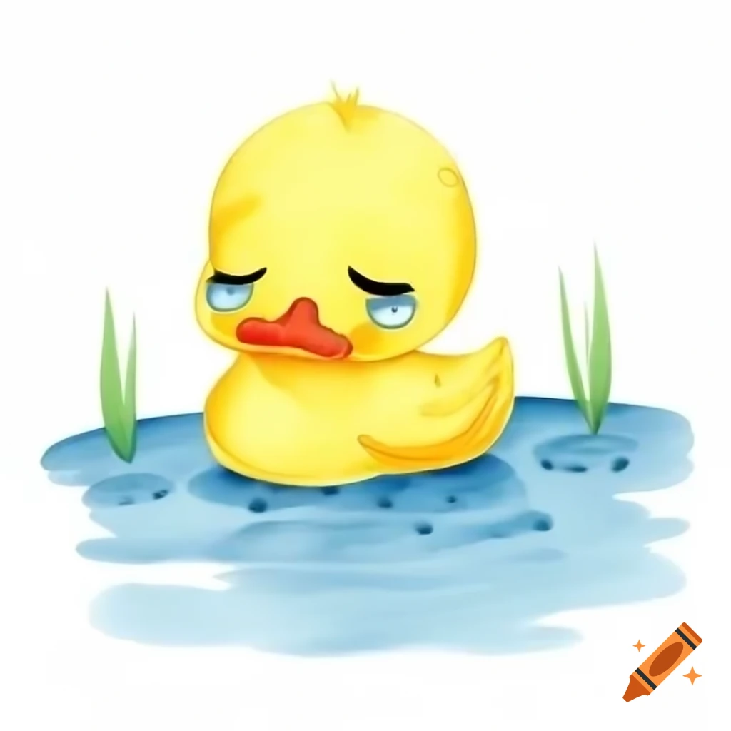 Crying duckling by a pond