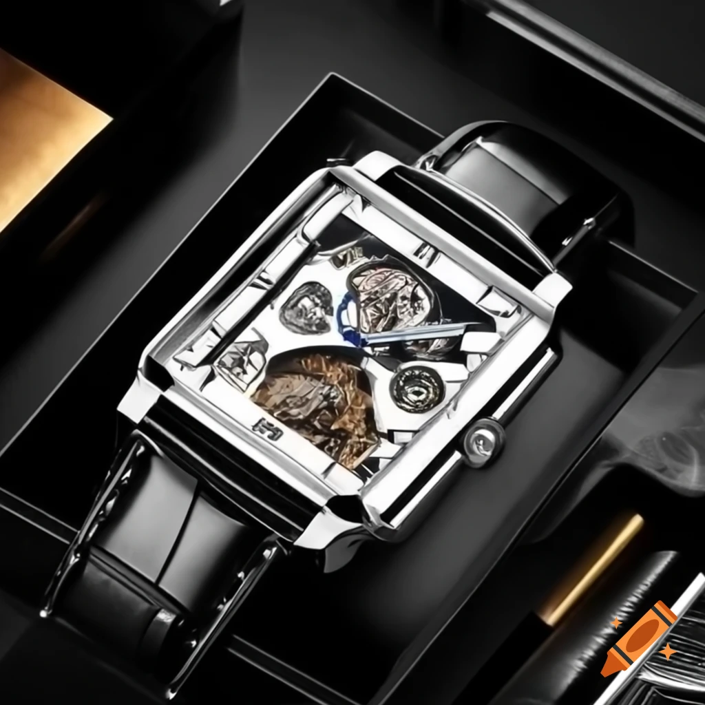 Luxurious rectangular tank watch with transparent case showcasing mechanical movement
