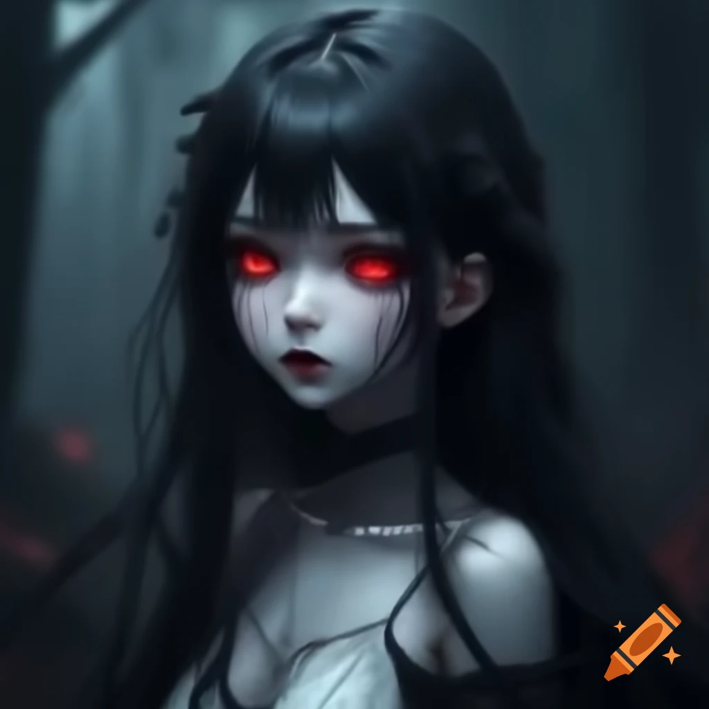 Goth anime ghost woman with flowing black hair in white dress in rainy forest