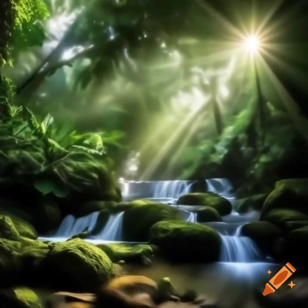 Sunlight illuminating emerald waterfalls in vibrant jungle paradise