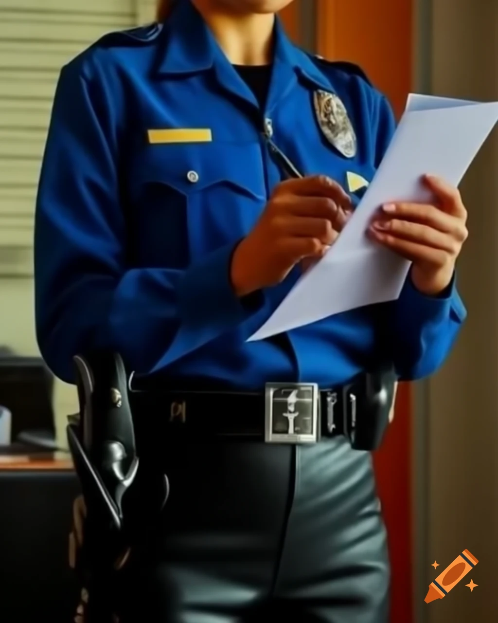 Young police officer in uniform taking notes, full-length portrait