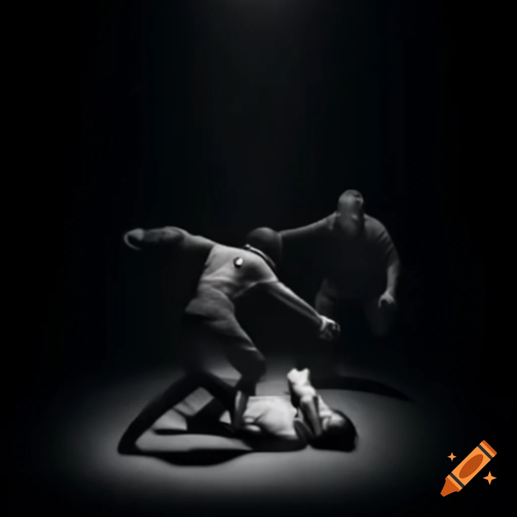 Dramatic scene of a person battling themselves, one in a defensive pose and the other attacking
