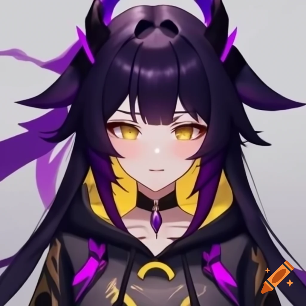 Female VTuber with dark hair, purple accents, and dragon features