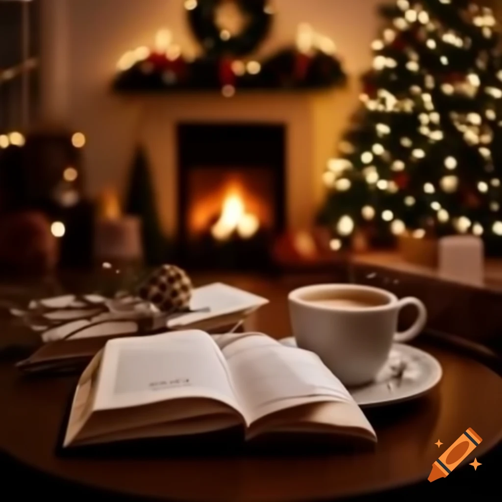 Cozy holiday living room with Christmas tree and wooden table