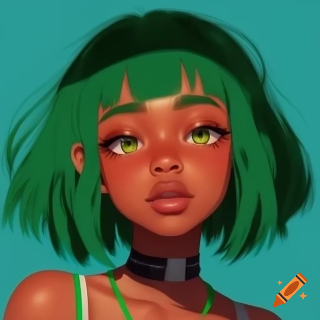 Black anime girl with green hair