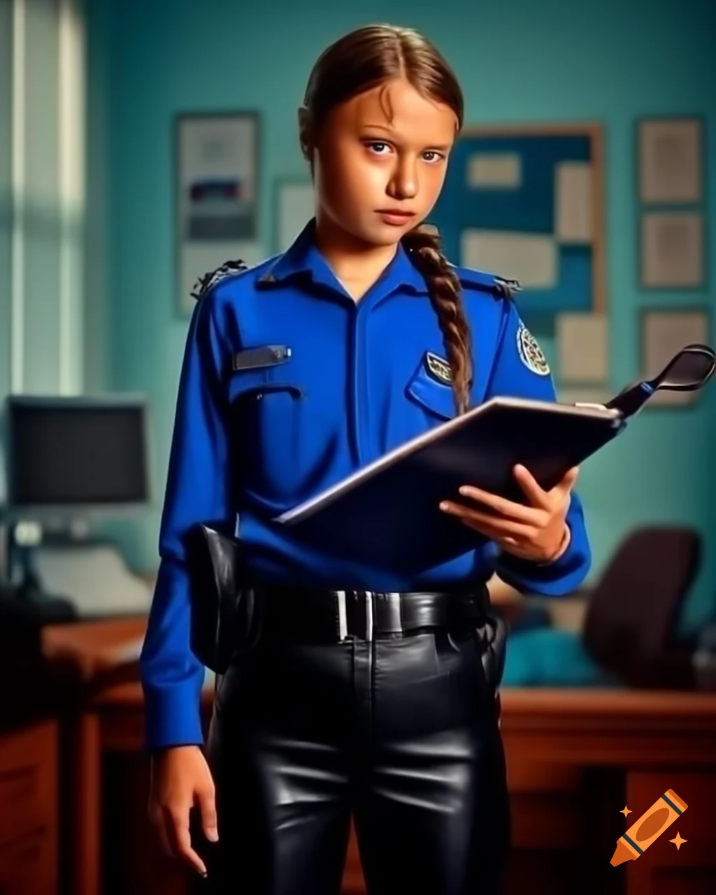 Young police officer in uniform taking notes, full-length portrait