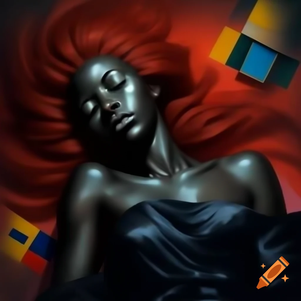 Detailed painting of a sleeping woman with black and red hair in Kandinsky style