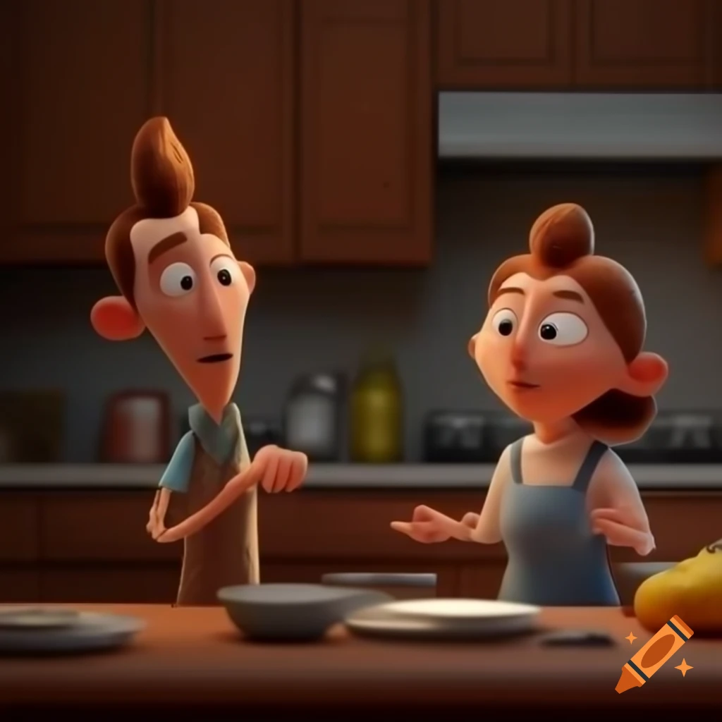 Son and mother chatting in the kitchen, 3D animation on Craiyon