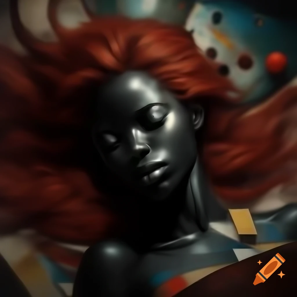 Detailed painting of a sleeping woman with black and red hair in Kandinsky style